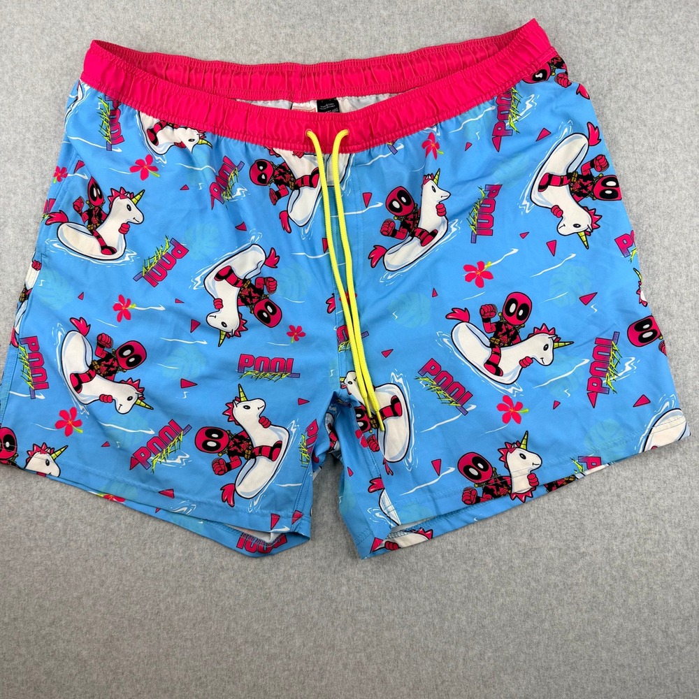 Marvel Deadpool Pool Party Swim Trunks Mens XXL Blue Pink Unicorn Shorts Marvel